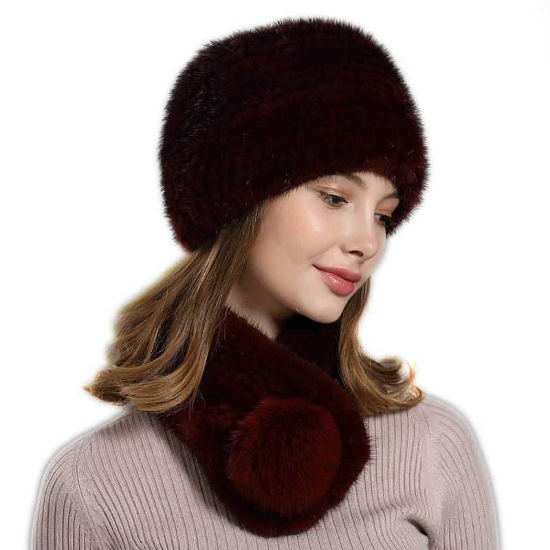 New Women's Winter Mink Hat – Outdoor Fur Hat with Ear Flaps, Stylish Fox Fur Pom-pom, and Matching Mink Scarf