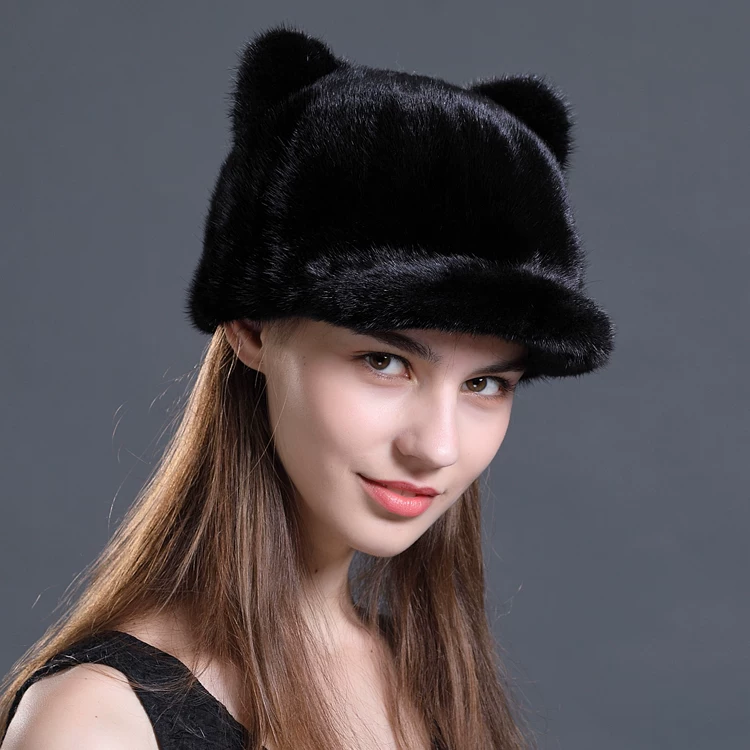 Warm Mink-Fur Pieced Ear-Flap Cap with Cat-Ear Detail