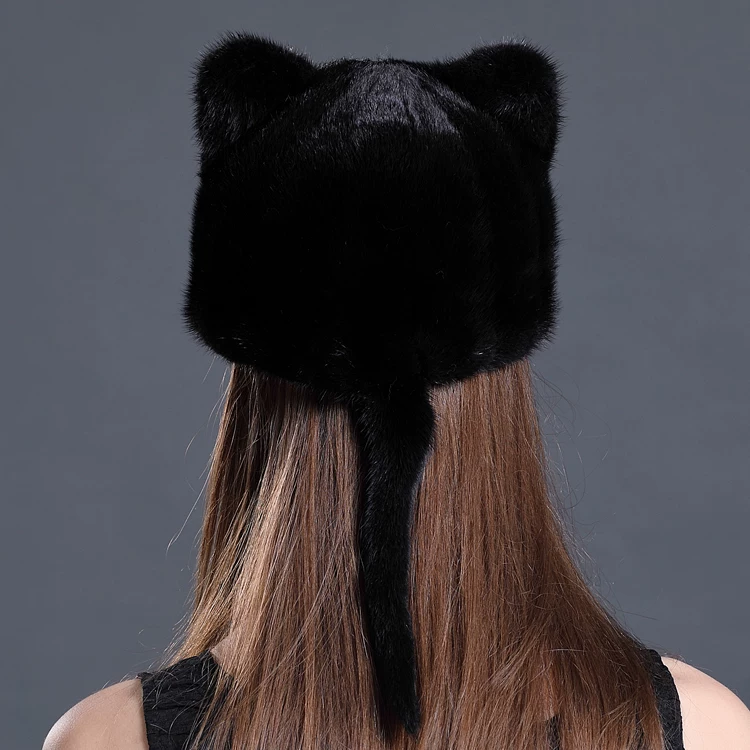 Warm Mink-Fur Pieced Ear-Flap Cap with Cat-Ear Detail