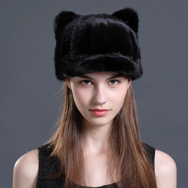 Warm Mink-Fur Pieced Ear-Flap Cap with Cat-Ear Detail