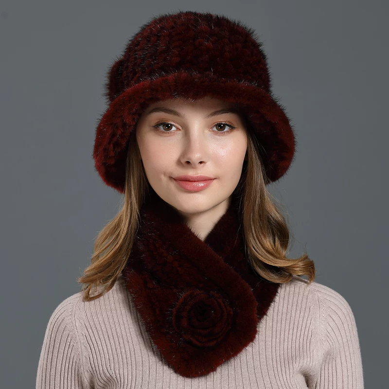 Women's Fur Hat – Mink Fur Bucket Hat with Ear Protection for Outdoor Warmth (Knitted Style)