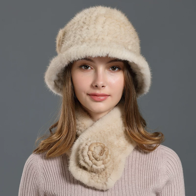 Women's Fur Hat – Mink Fur Bucket Hat with Ear Protection for Outdoor Warmth (Knitted Style)