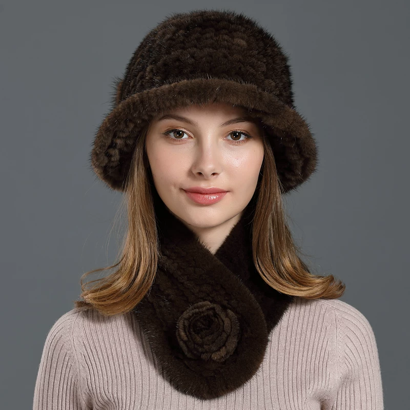 Women's Fur Hat – Mink Fur Bucket Hat with Ear Protection for Outdoor Warmth (Knitted Style)