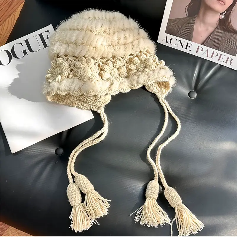Vintage Crochet Mink Fur Knit Hat for Women – Stylish Winter Fur Beanie, Woven Fur Earflap Hat, Warm & Chic Headwear
