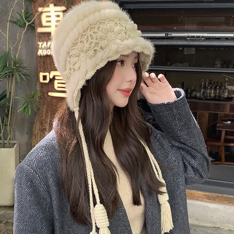 Vintage Crochet Mink Fur Knit Hat for Women – Stylish Winter Fur Beanie, Woven Fur Earflap Hat, Warm & Chic Headwear