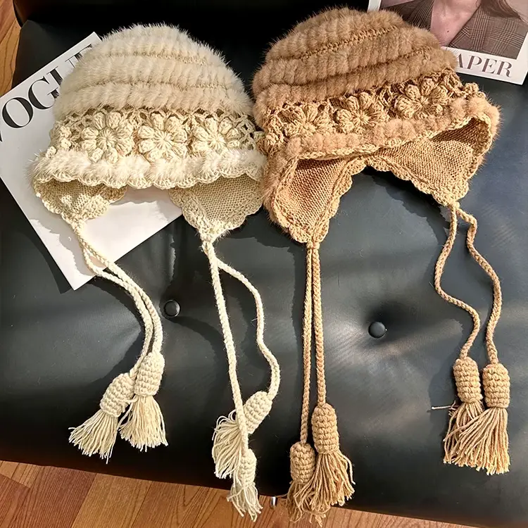 Vintage Crochet Mink Fur Knit Hat for Women – Stylish Winter Fur Beanie, Woven Fur Earflap Hat, Warm & Chic Headwear