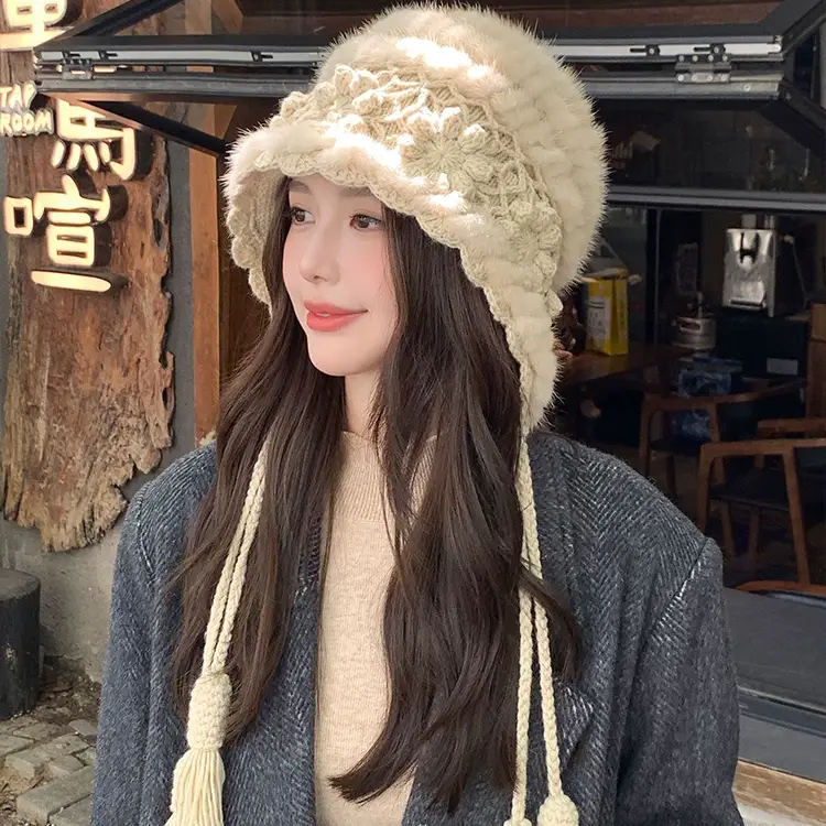 Vintage Crochet Mink Fur Knit Hat for Women – Stylish Winter Fur Beanie, Woven Fur Earflap Hat, Warm & Chic Headwear
