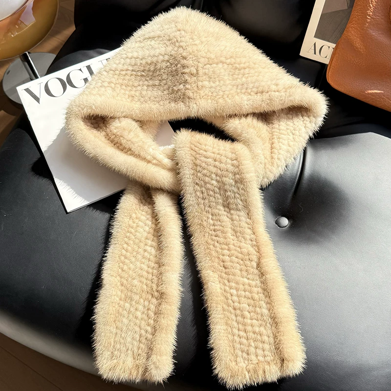 Women's Knitted Mink Fur Hat with Scarf – Winter Warm Earflap Hat, All-in-One Real Fur Headwear for Outdoor Wear
