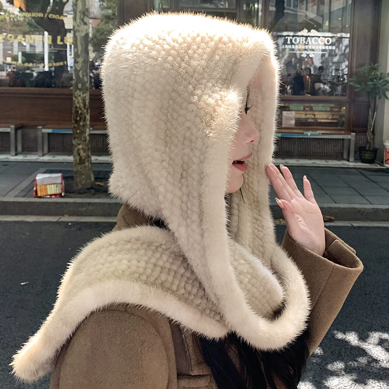 Women's Knitted Mink Fur Hat with Scarf – Winter Warm Earflap Hat, All-in-One Real Fur Headwear for Outdoor Wear