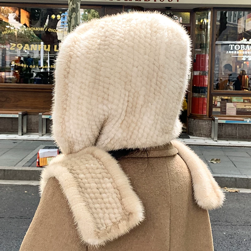 Women's Knitted Mink Fur Hat with Scarf – Winter Warm Earflap Hat, All-in-One Real Fur Headwear for Outdoor Wear