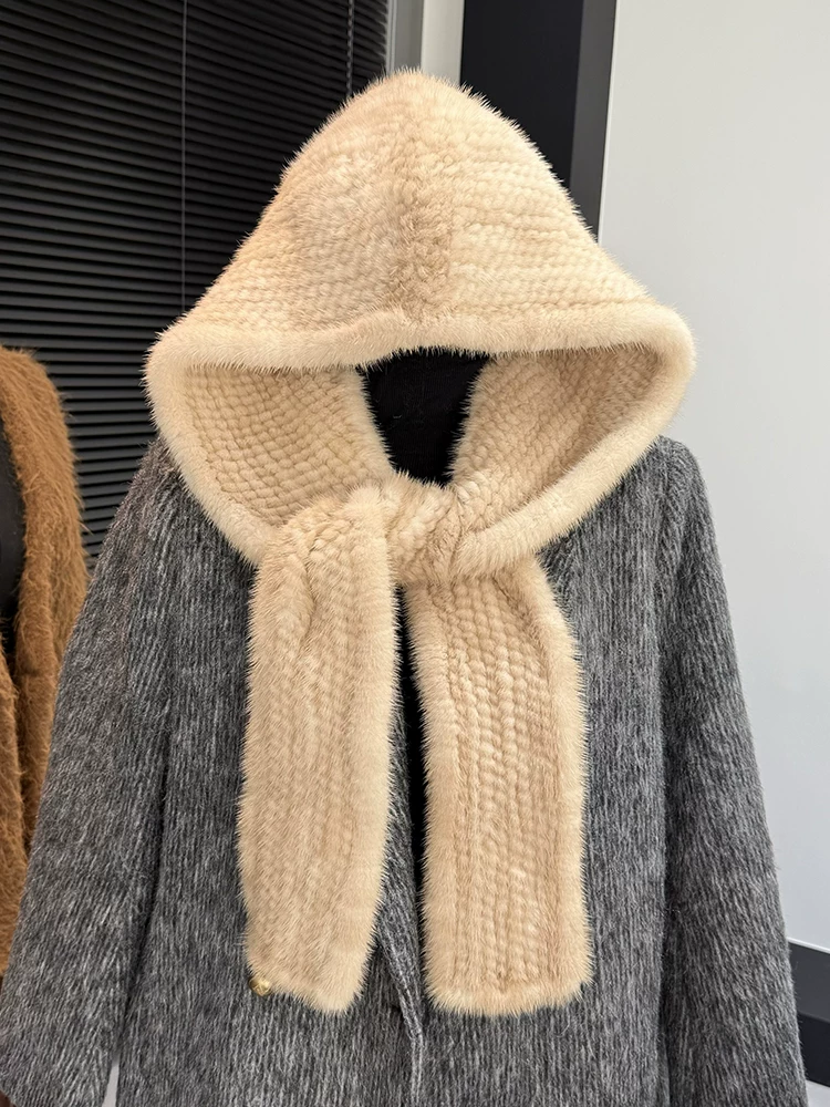 Women's Knitted Mink Fur Hat with Scarf – Winter Warm Earflap Hat, All-in-One Real Fur Headwear for Outdoor Wear