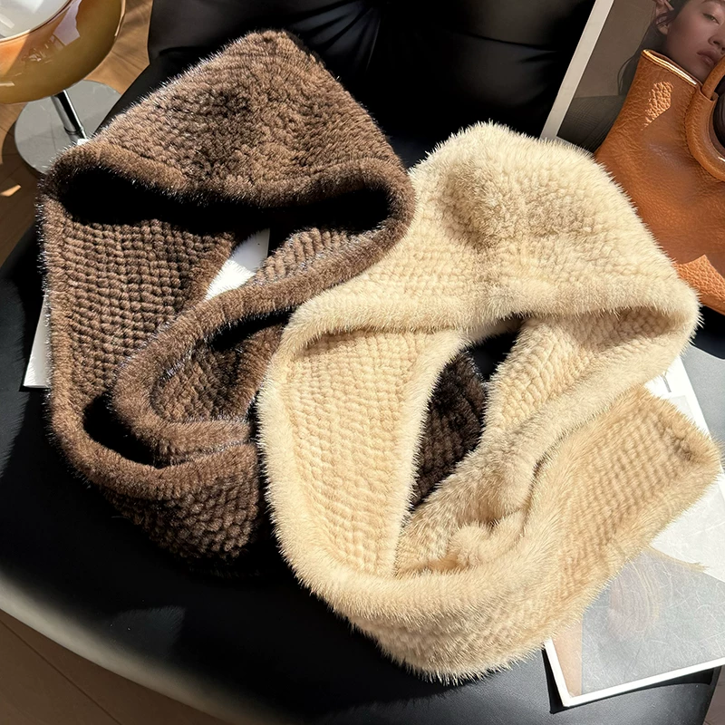 Women's Knitted Mink Fur Hat with Scarf – Winter Warm Earflap Hat, All-in-One Real Fur Headwear for Outdoor Wear