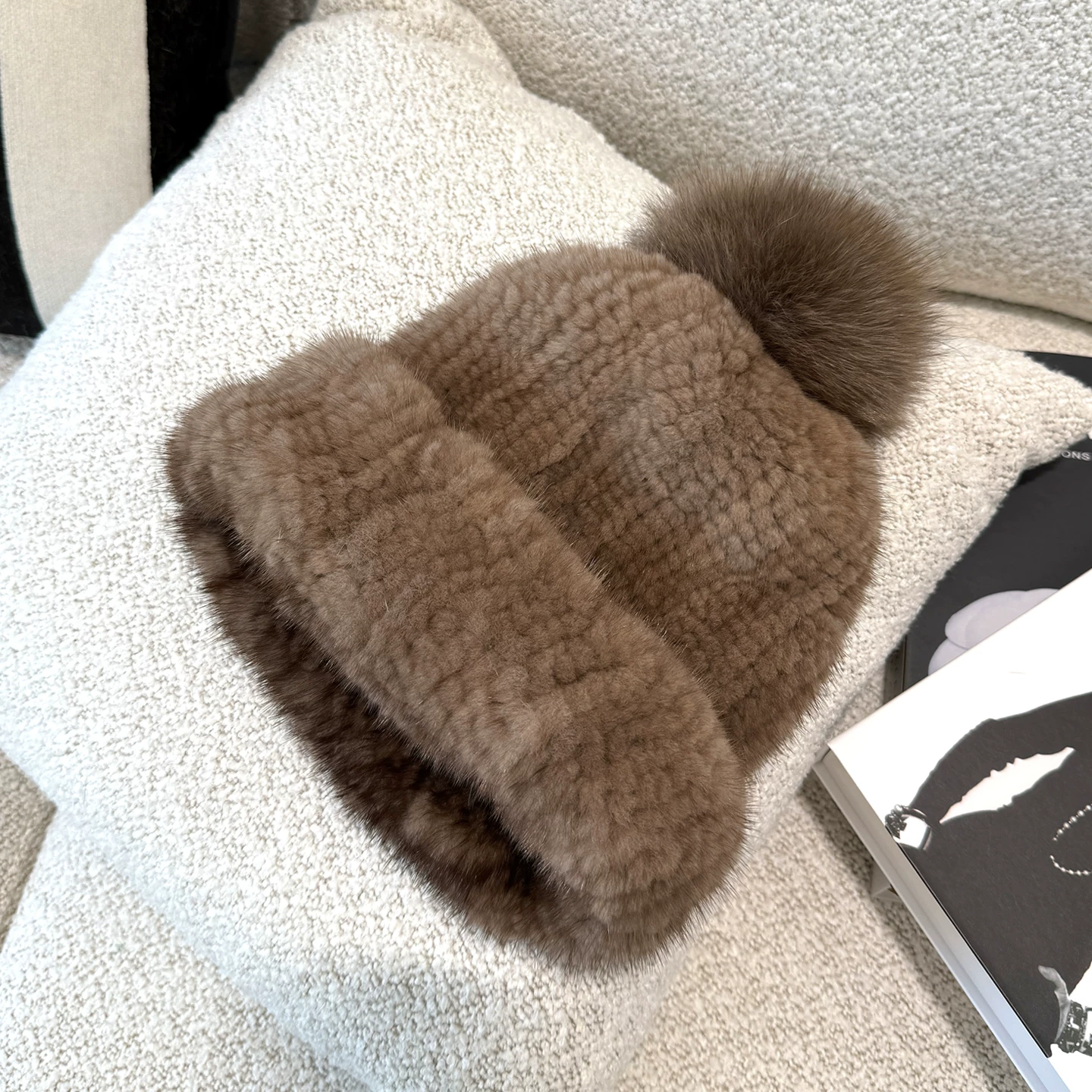 Double-Sided Knitted Mink Fur Hat for Women – Stretchy Rolled-Brim Winter Hat with Fox Fur Pom-Pom, Warm Ear-Covering Design