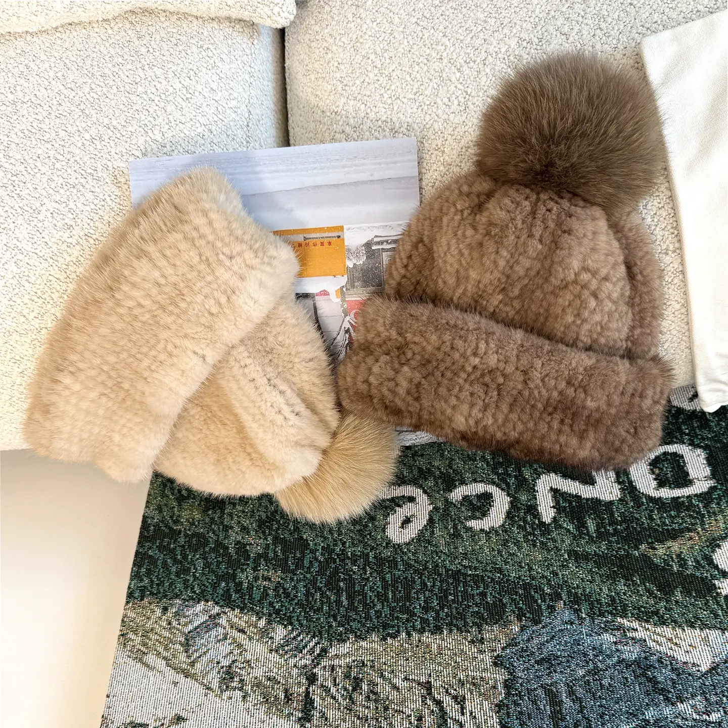 Double-Sided Knitted Mink Fur Hat for Women – Stretchy Rolled-Brim Winter Hat with Fox Fur Pom-Pom, Warm Ear-Covering Design