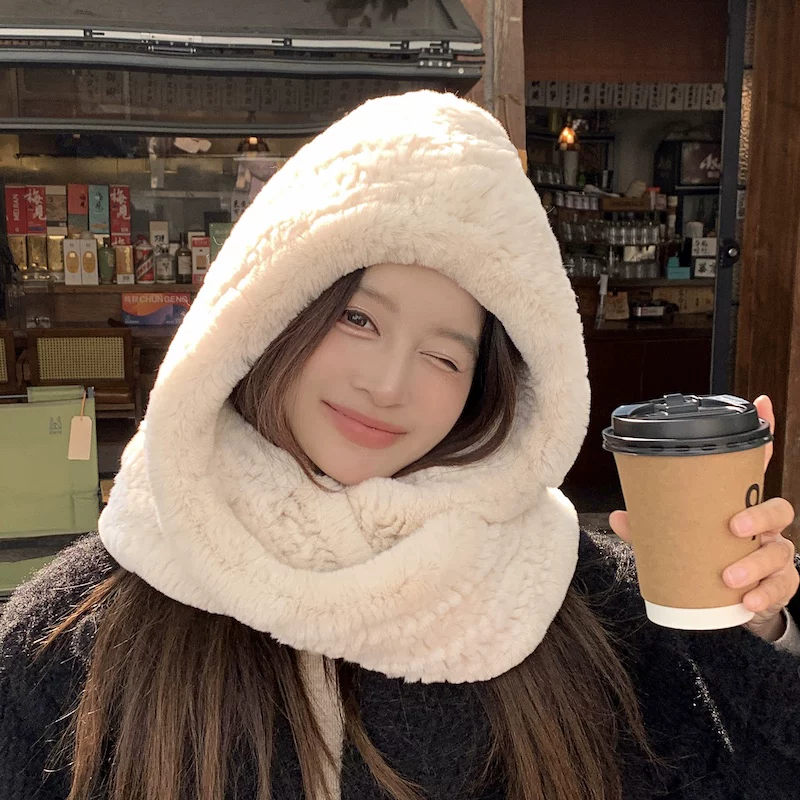 Women’s Rex Rabbit Fur Hat and Scarf in One, Thick Double-Sided Plush Winter Snow Hat with Ear Covers, Warm and Cozy Neck Warmer