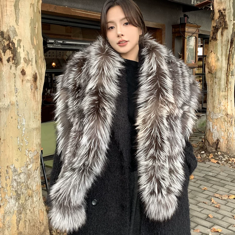 Women's Real Silver Fox Fur Shawl – Elegant Thick Warm Winter Wrap
