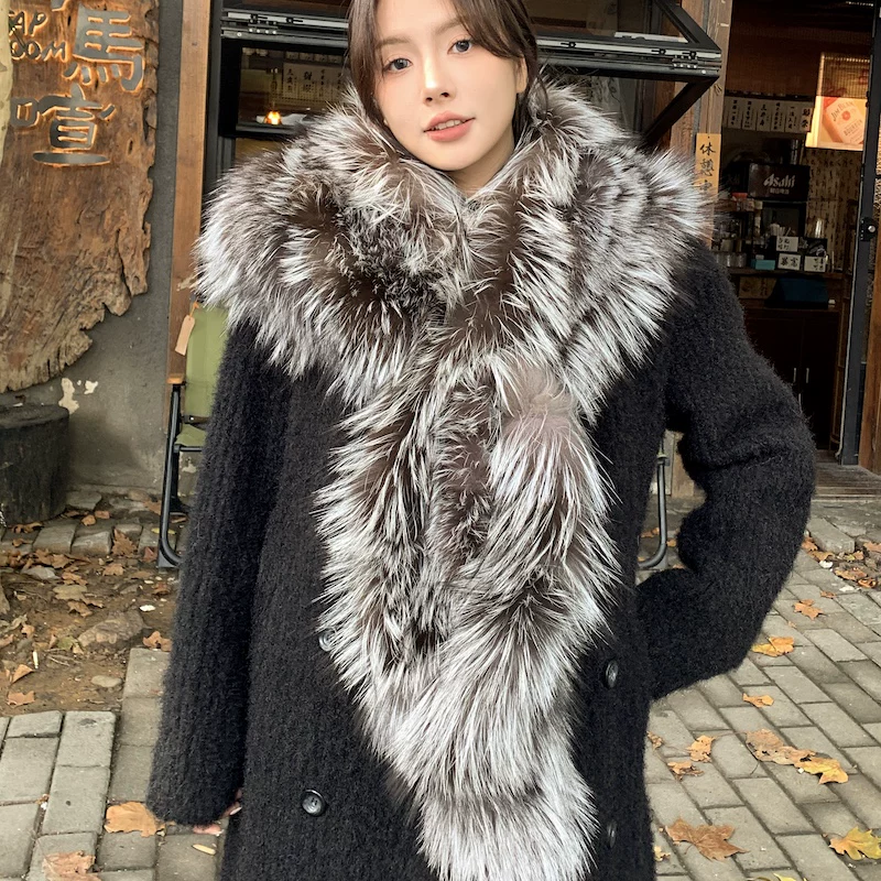 Women's Real Silver Fox Fur Shawl – Elegant Thick Warm Winter Wrap