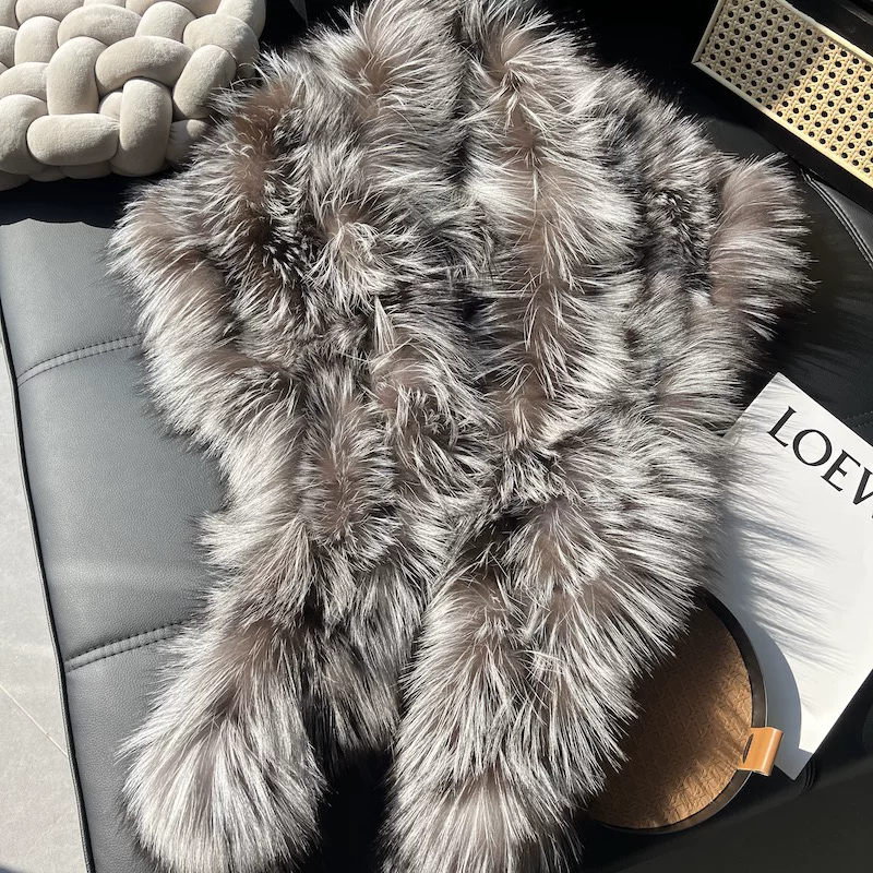 Women's Real Silver Fox Fur Shawl – Elegant Thick Warm Winter Wrap