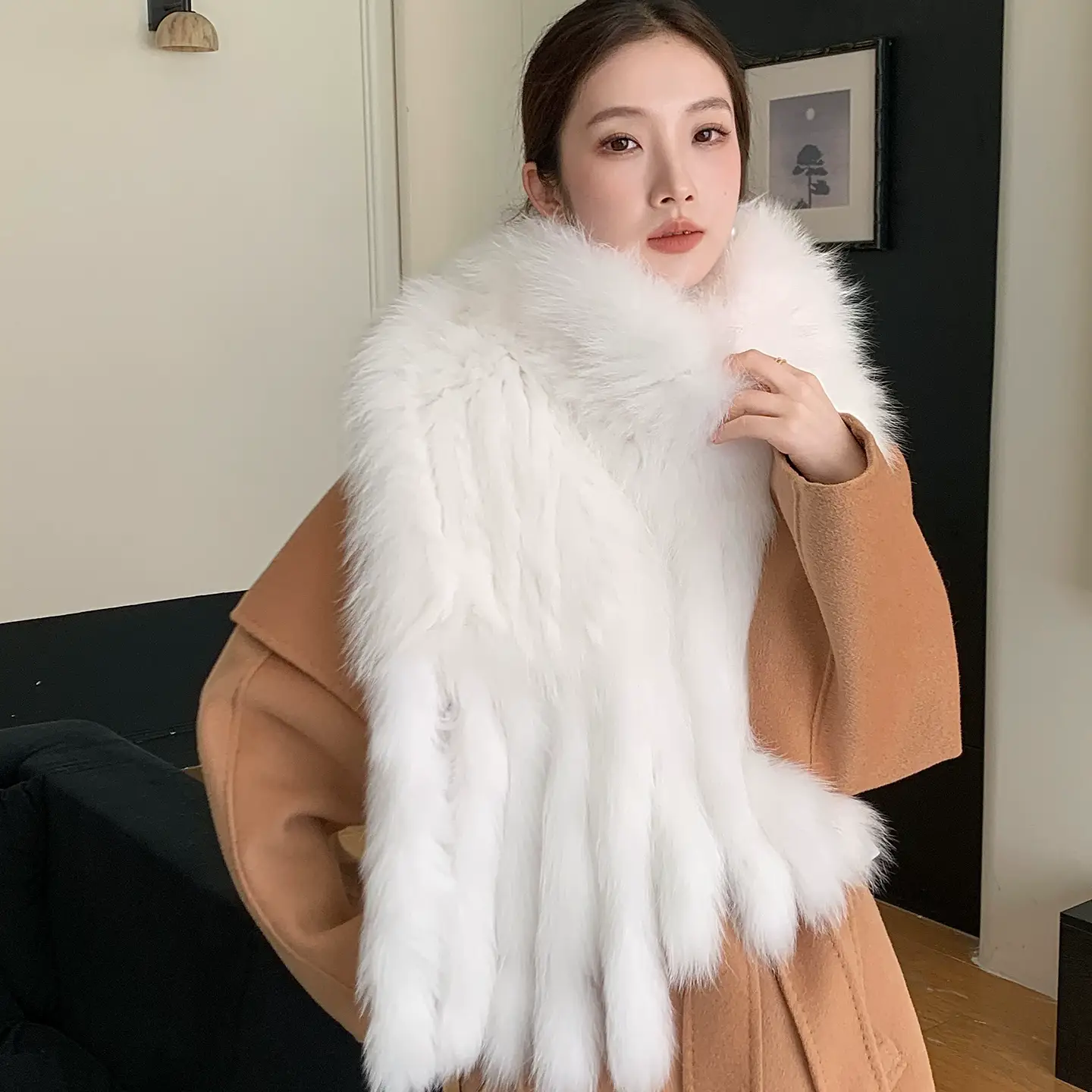 Women’s Fox Fur Shawl – Double-Sided Woven Wrap with Fringe, Elegant Evening Scarf