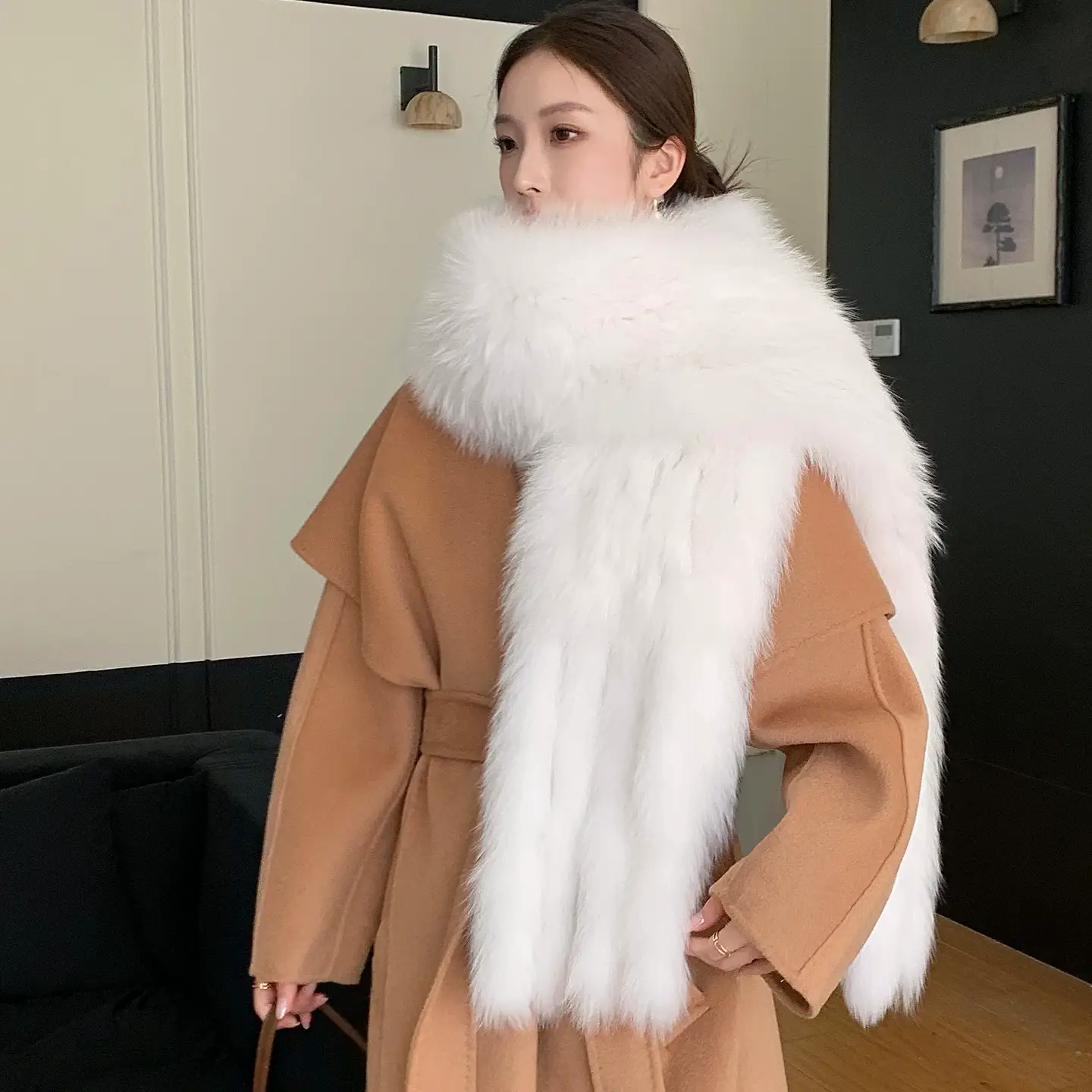 Women’s Fox Fur Shawl – Double-Sided Woven Wrap with Fringe, Elegant Evening Scarf