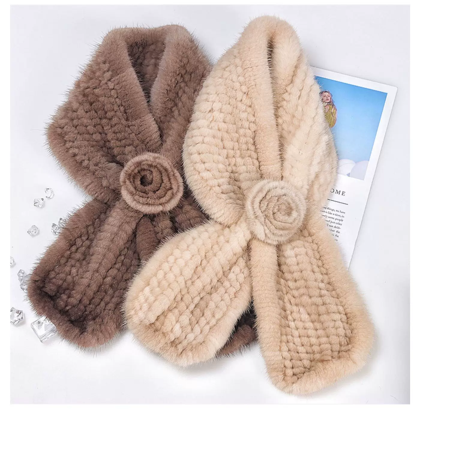 Women’s Genuine Mink Fur Scarf, Double-Sided Solid Color Winter Fur Neck Warmer, Thick, Warm & Versatile