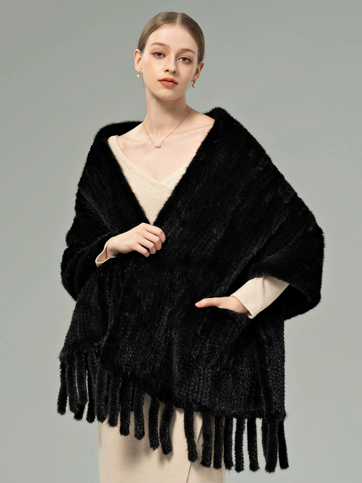 Women’s Mink Fur Cape Shawl – Elegant Winter Wrap with Tassel Trim, Warm Luxury Fur Cover-Up