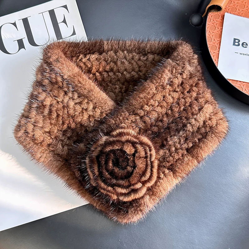 Women’s Reversible Woven Mink Fur Scarf – Real Fur Winter Neck Wrap with Camellia Flower Design, Thick & Warm