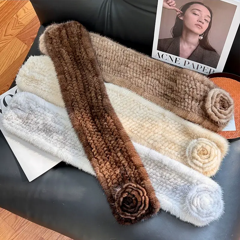 Women’s Reversible Woven Mink Fur Scarf – Real Fur Winter Neck Wrap with Camellia Flower Design, Thick & Warm