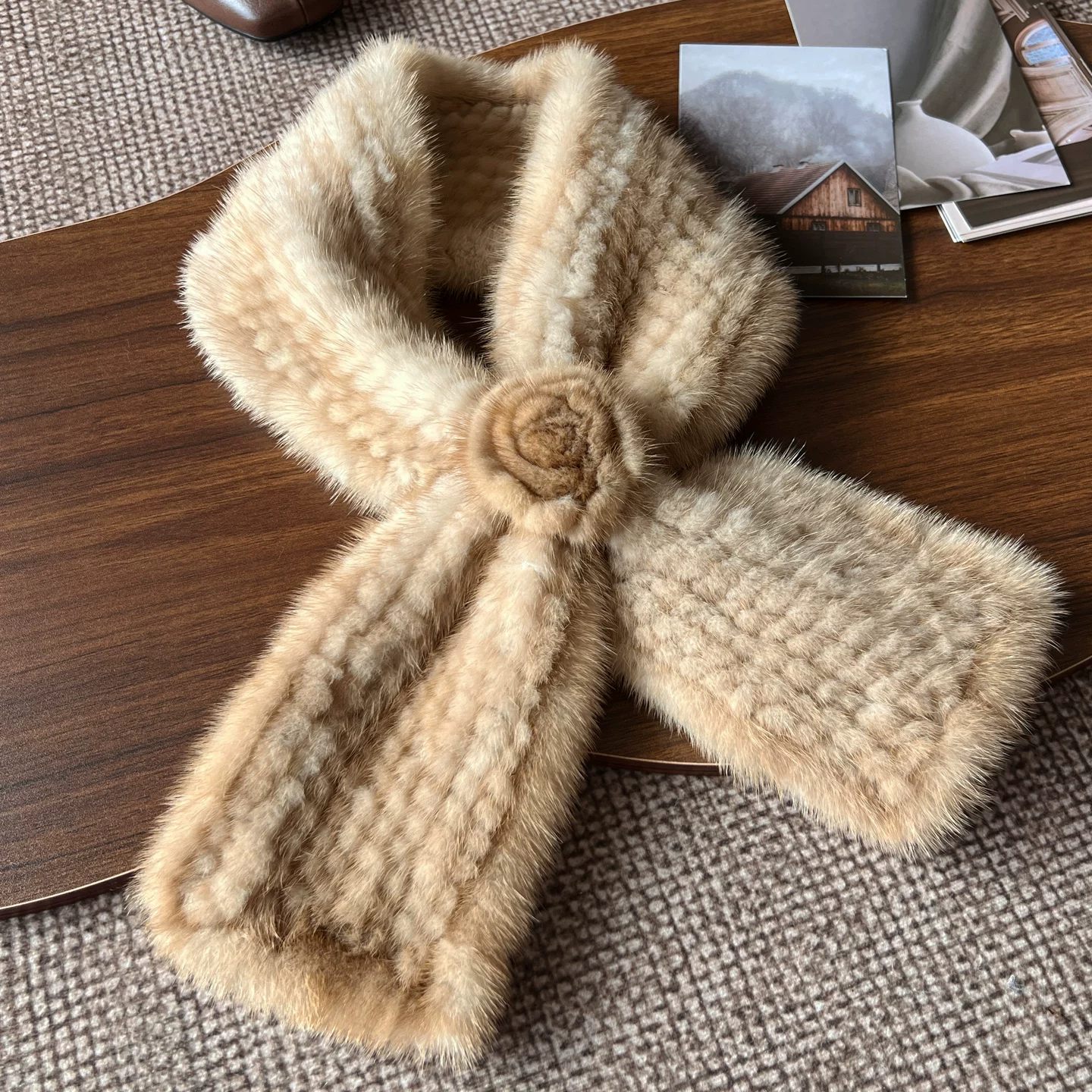 New Winter Mink Fur Woven Scarf – Double-Sided Warm & Stylish Fur Neck Wrap with Floral Detail