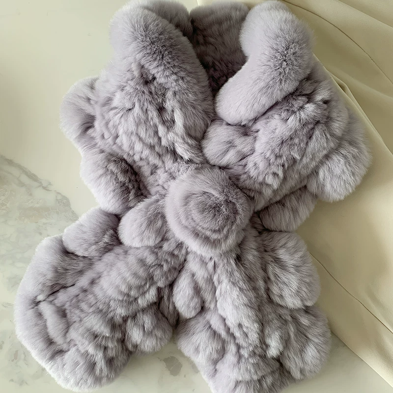 Double-Sided Rex Rabbit Fur Scarf for Women – Woven Real Fur Wrap with Ruffled Edges, Warm Winter Neck Warmer