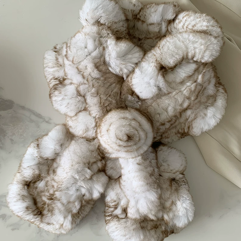 Double-Sided Rex Rabbit Fur Scarf for Women – Woven Real Fur Wrap with Ruffled Edges, Warm Winter Neck Warmer