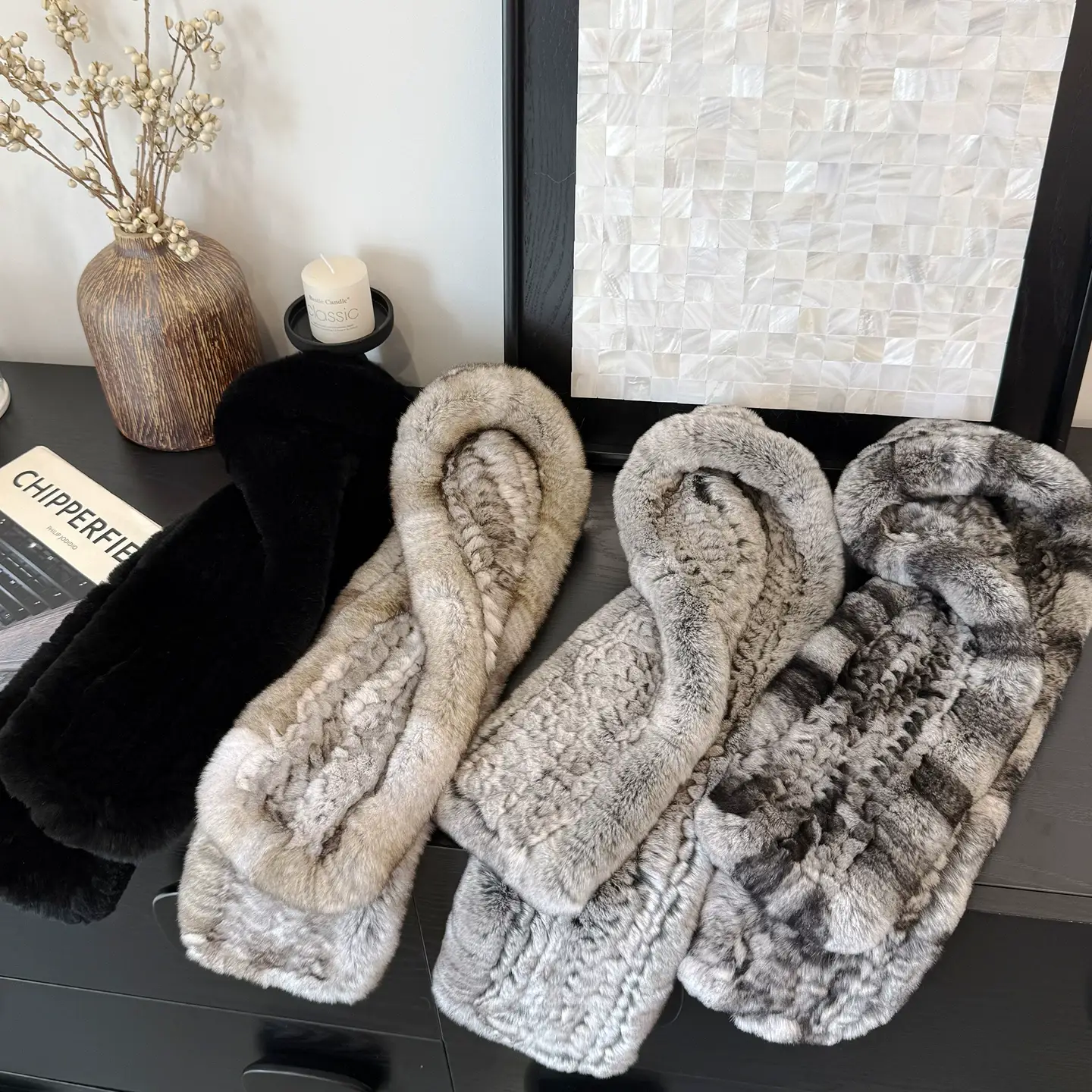 Long Double-Sided Rex Rabbit Fur Scarf – Thick Warm Knitted Fur Neck Wrap for Men & Women, Casual & Versatile Winter Accessory