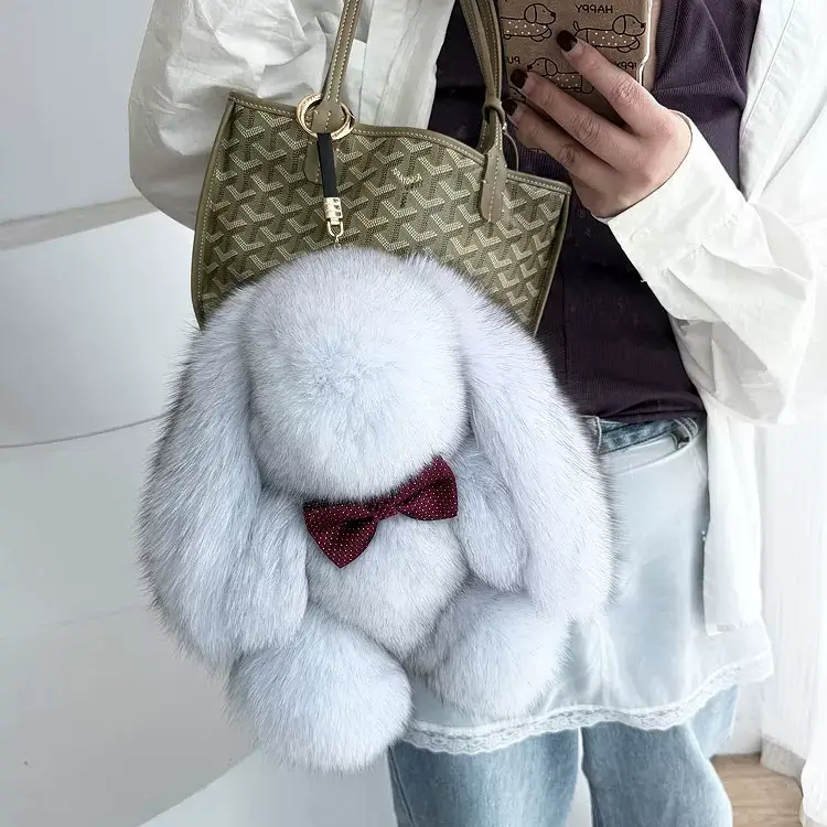 Fox Fur Bunny Bag Charm – Cute Large Rabbit-Shaped Fur Keychain, Luxury Gift & Backpack Accessory