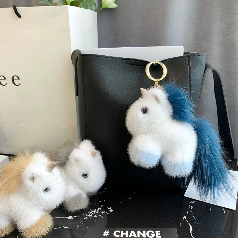 Real Mink Fur Unicorn Bag Charm – Fluffy Pony Plush Keychain, Cute Fur Accessory for Women’s Bags and Car Keys