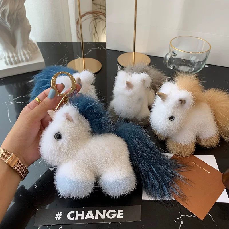Real Mink Fur Unicorn Bag Charm – Fluffy Pony Plush Keychain, Cute Fur Accessory for Women’s Bags and Car Keys