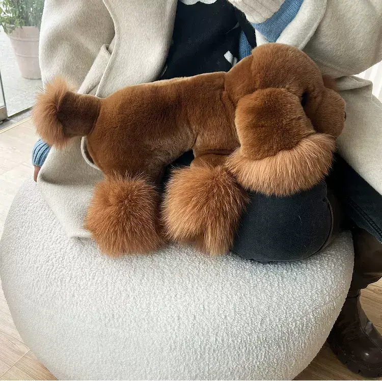 Brown Teddy Dog Plush – Real Rex Rabbit & Fox Fur Stuffed Puppy, Cute Fluffy Dog Toy, Birthday Gift for Kids