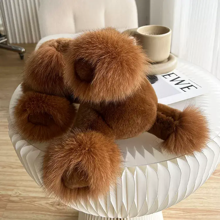 Brown Teddy Dog Plush – Real Rex Rabbit & Fox Fur Stuffed Puppy, Cute Fluffy Dog Toy, Birthday Gift for Kids