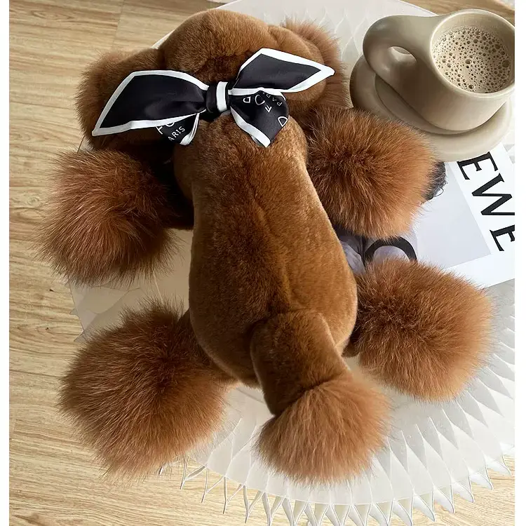 Brown Teddy Dog Plush – Real Rex Rabbit & Fox Fur Stuffed Puppy, Cute Fluffy Dog Toy, Birthday Gift for Kids