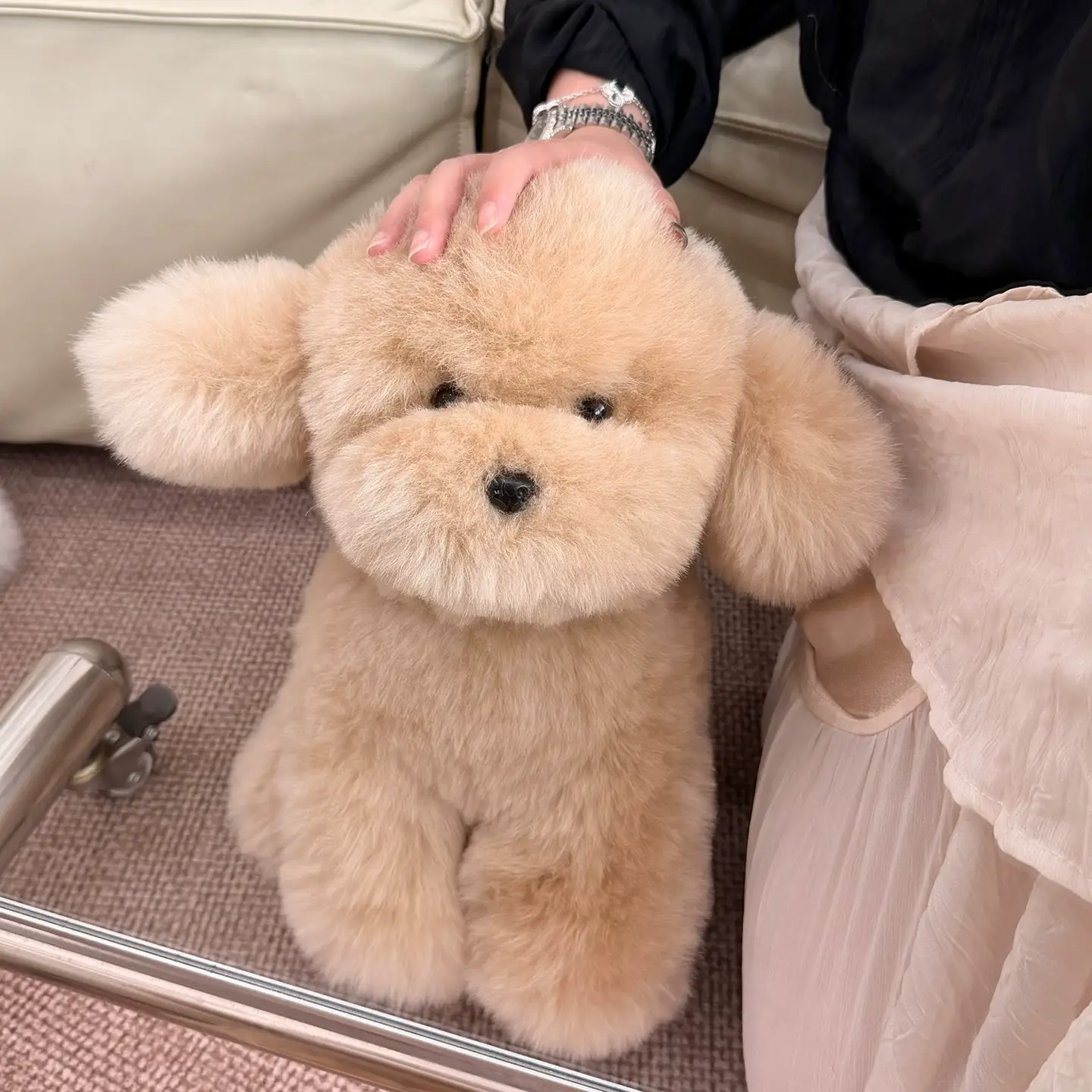 Real Sheepskin Teddy Dog Plush Toy – Cute Fur Puppy Stuffed Animal, Decorative Home Figurine, Adorable Gift