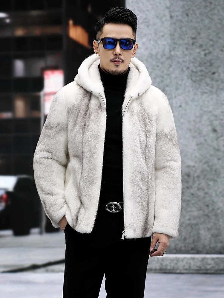 Men's New Danish Silver Cross Mink Coat – Natural Genuine Fur, Casual & Stylish Hooded Design