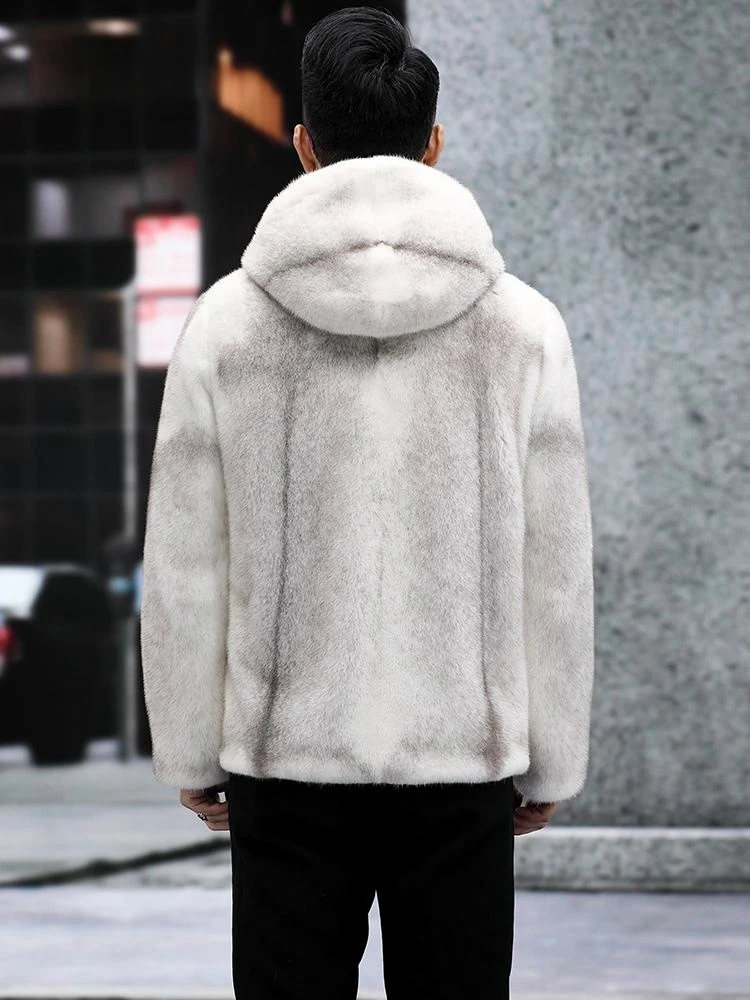 Men's New Danish Silver Cross Mink Coat – Natural Genuine Fur, Casual & Stylish Hooded Design