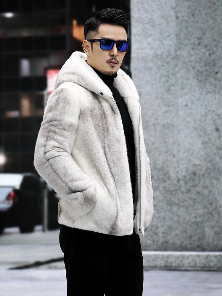 Men's New Danish Silver Cross Mink Coat – Natural Genuine Fur, Casual & Stylish Hooded Design