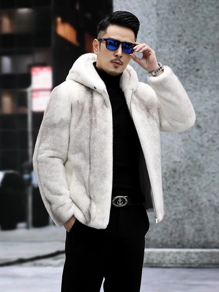 Men's New Danish Silver Cross Mink Coat – Natural Genuine Fur, Casual & Stylish Hooded Design