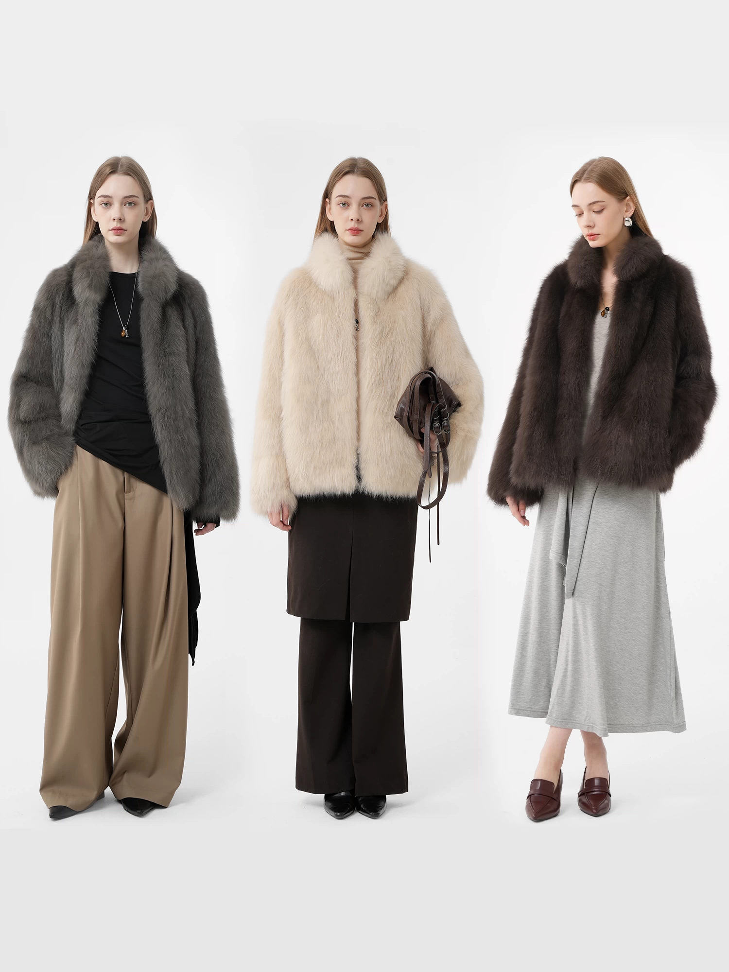 Youth-style faux fur coat with a small stand collar, featuring fox belly fur detailing