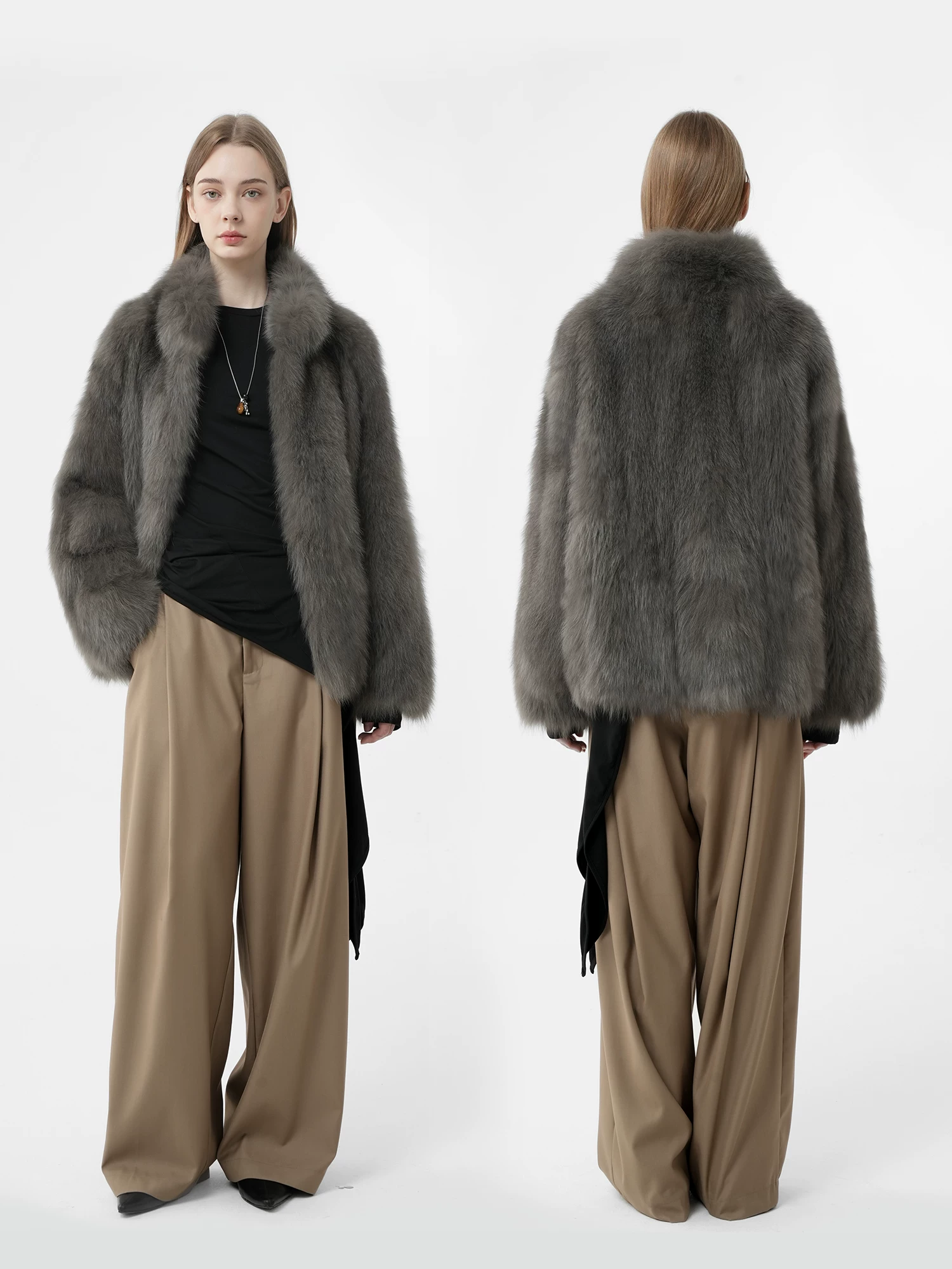 Youth-style faux fur coat with a small stand collar, featuring fox belly fur detailing