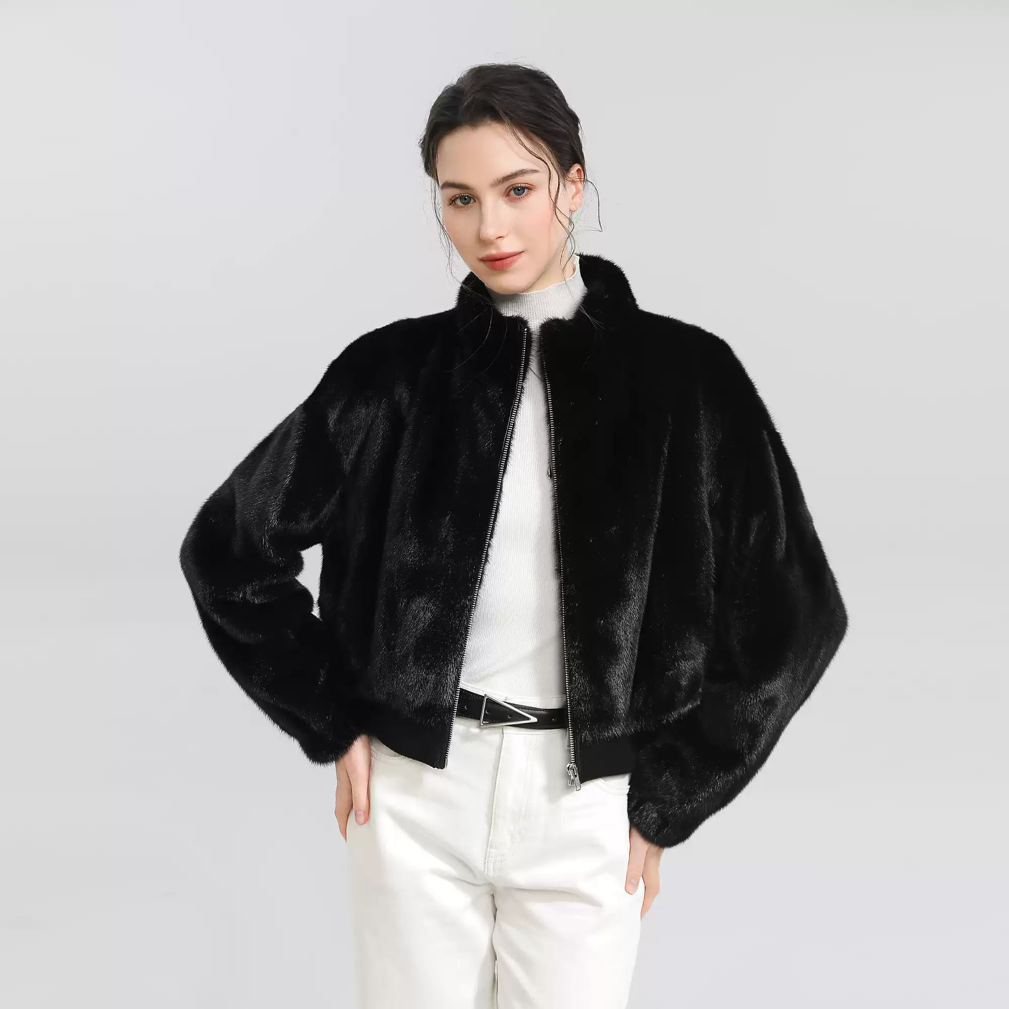 Women's Copenhagen Mink Short Jacket – Wide Stand Collar, Zip-Front