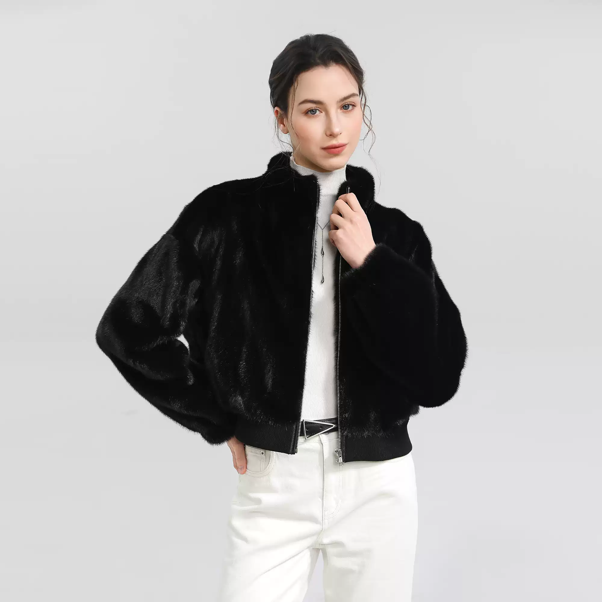 Women's Copenhagen Mink Short Jacket – Wide Stand Collar, Zip-Front
