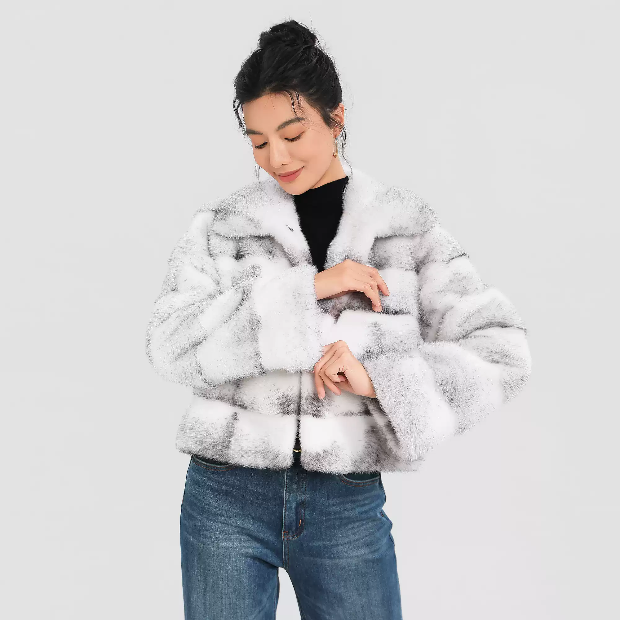Women's elegant, minimalist, and versatile short-length natural-color Cross Mink fur coat with a lapel collar