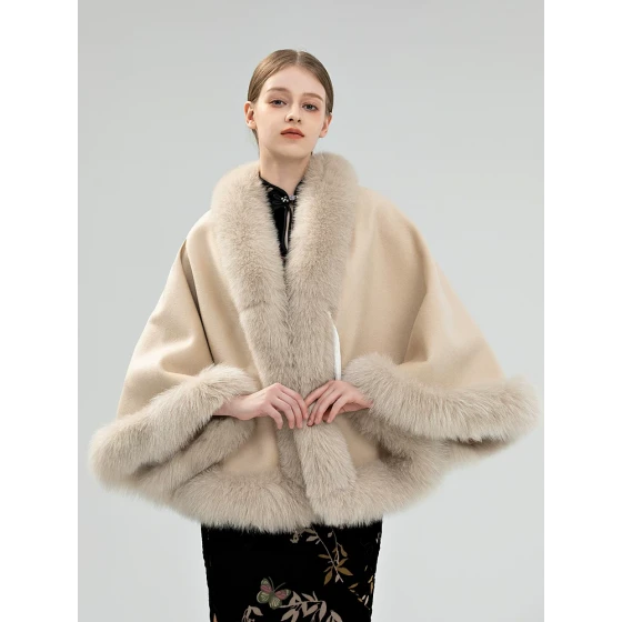 Double-faced wool cape with fox fur collar