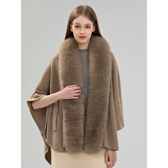 Pure wool knitted fox fur collar cape